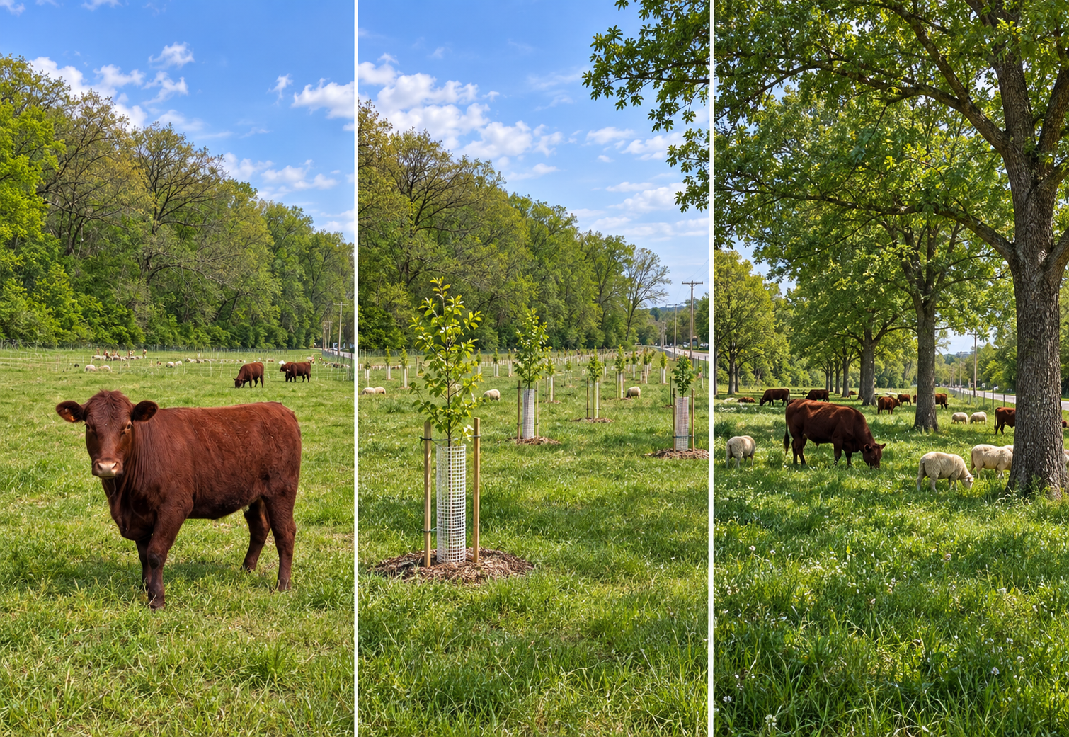 Three-panel illustration showing pasture today, young protected trees, and a mature tree-and-livestock system.