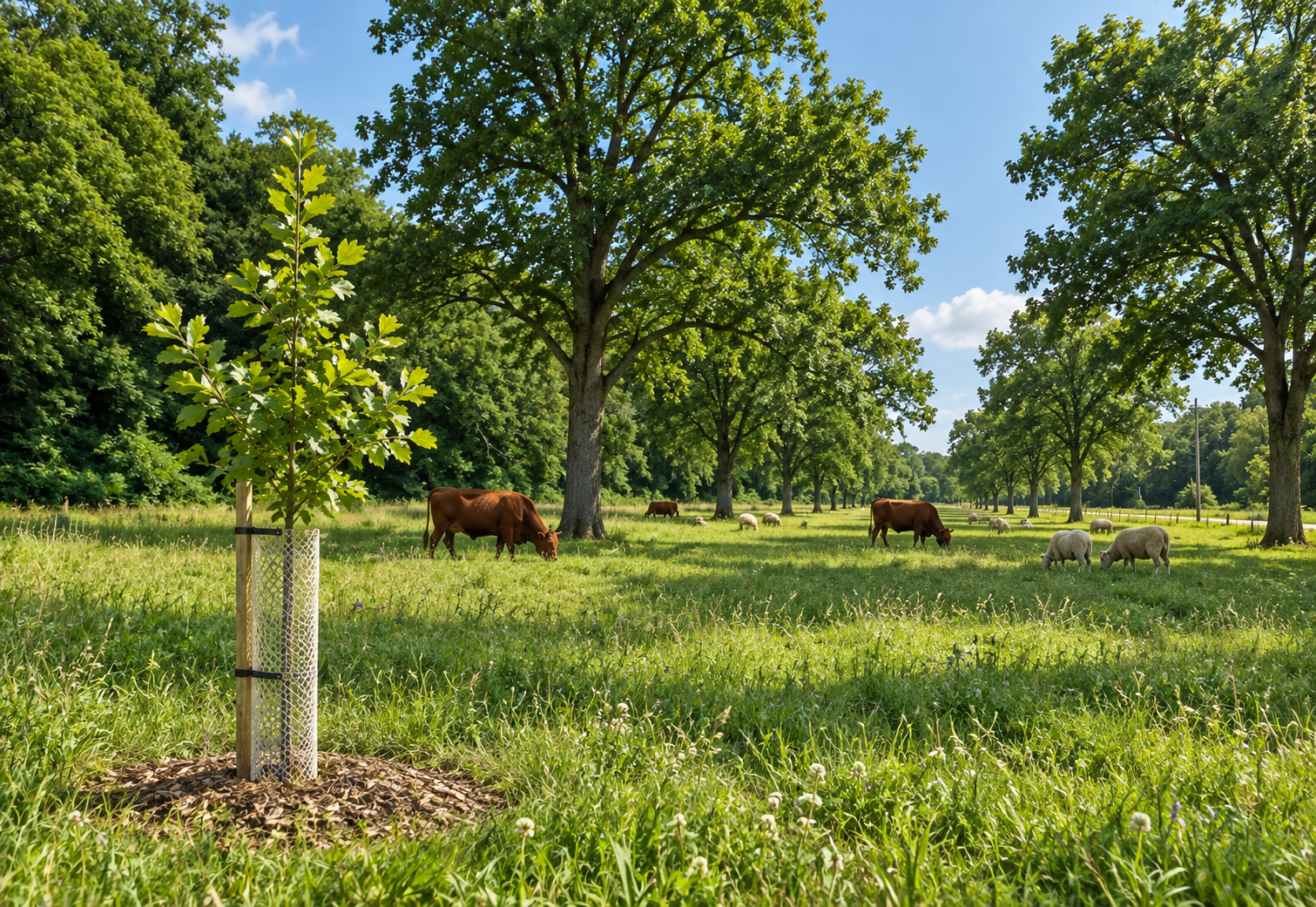 Young protected tree in a pasture that will become part of a mature silvopasture system.