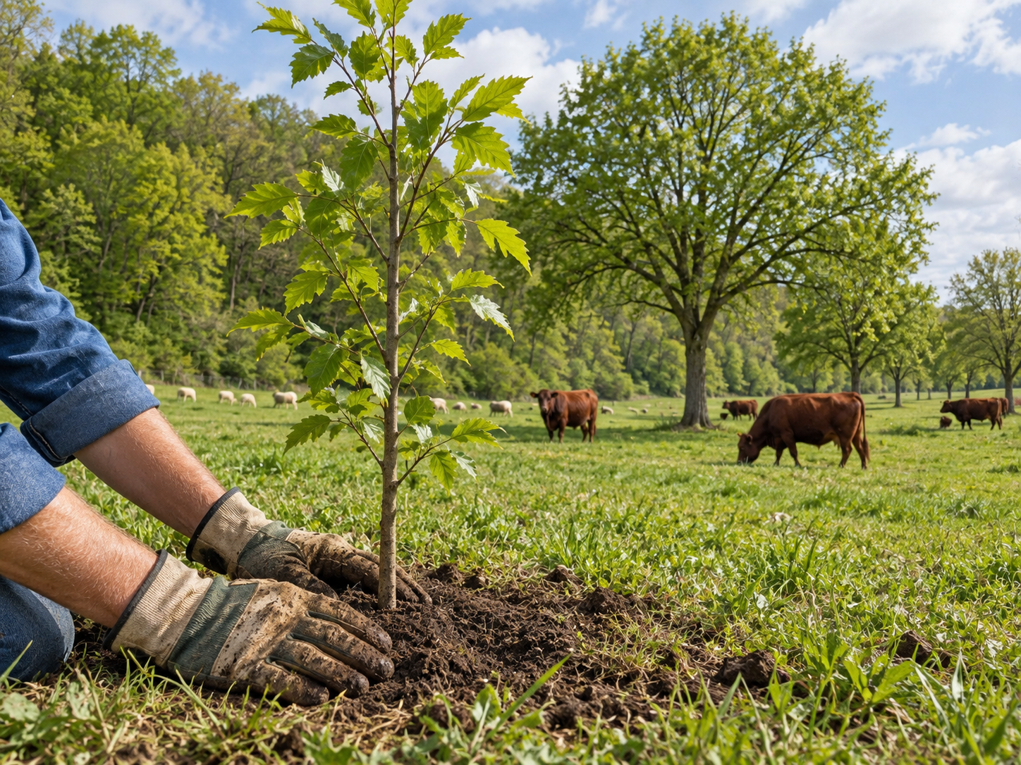 Young tree planted in pasture with livestock in the background.