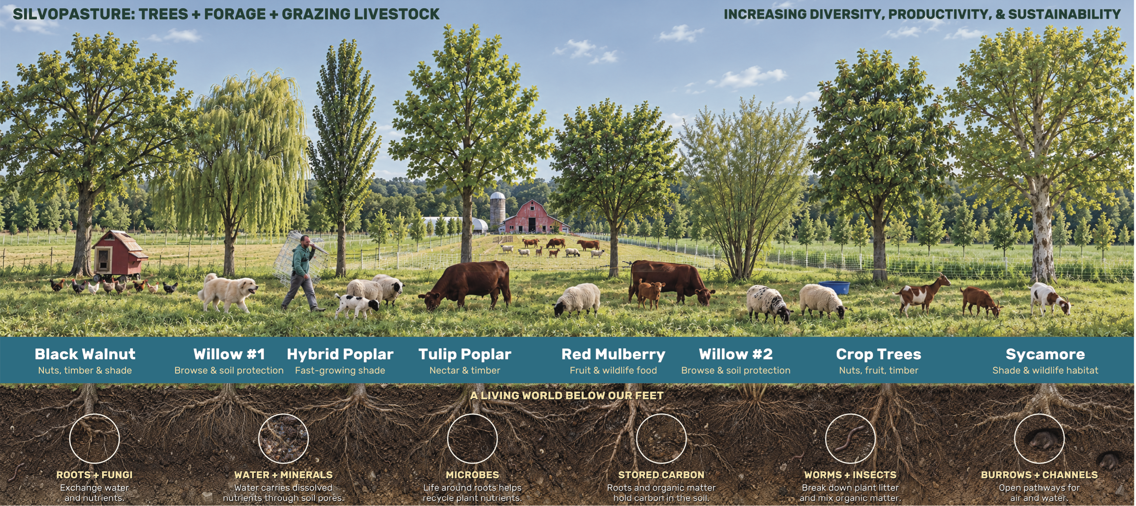 Silvopasture illustration showing trees, forage, grazing livestock, and the living soil below.