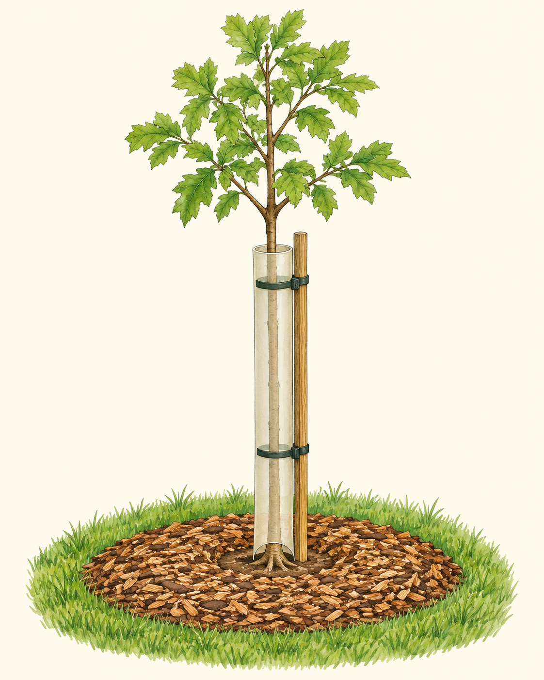 Young tree protected by a tube guard, stake, and mulch in pasture.